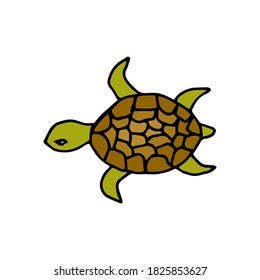 Colored cute cartoon turtle. Drawn by hand in doodl style. Coloring book for the children. Vector illustration