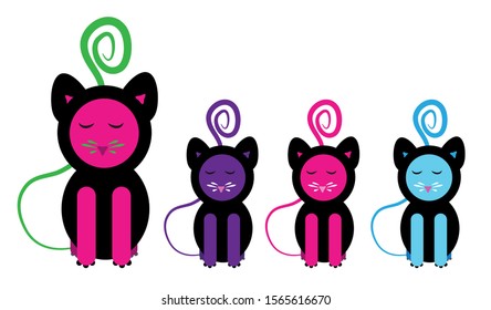Colored cute cats design. Children illustration for books and more. Animal paint. Different hand drawing cats. Mascot for pet shop. 
