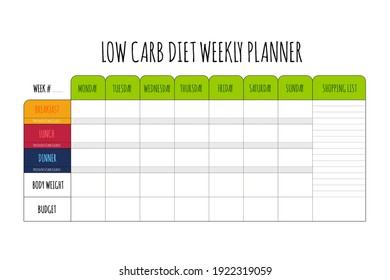 Colored cute diet weekly planner isolated on white background. Food menu plan for diet. Daily schedule template for cooking meals. Week plan low carb menu notes.