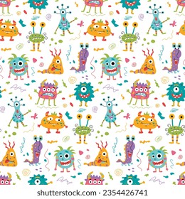 Colored cute funny monsters seamless pattern.For the design of children's clothing and textiles.Vector stock illustration.