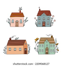 Colored cute houses doodle hand drawn line cottage houses, with flowers and floral elements.