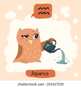 Colored cute owl horoscope: Aquarius, the Water-bearer