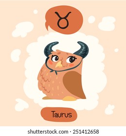 Colored cute owl horoscope: Taurus, the Bull 