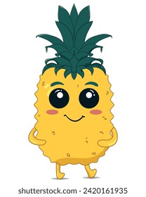 Colored Cute Pineapple Character Smiling. Tropical Fruit for Health Drink. Contains High Vitamin C