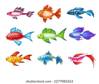 Colored cute sea fish. Vector cartoon set of freshwater
  aquarium characters isolated on white background. Varieties of decorative underwater  popular colored fish for print, children development

