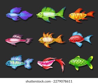 Colored cute sea fish. Vector cartoon set of freshwater
  aquarium characters isolated on black background. Varieties of decorative underwater  popular colored fish for print, children development
