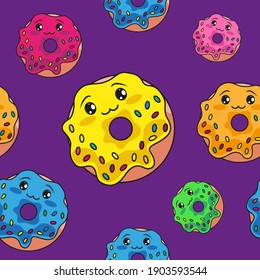 Colored cute smiling donuts covered with glaze. Endless background 