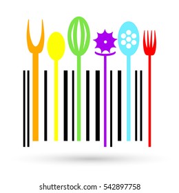 colored Cutlery icon in a shape of barcode. Fork, knife, spoon, pizza slicer, whisk, spatula spoon silhouettes and contours in colors on white background vector illustration