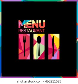 Colored cutlery kitchen polygon menu design. Triangle restaurant background