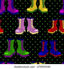 colored cyber boots vector seamless pattern, green polka dot background