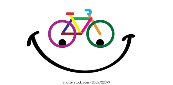 Colored cycling logo with happy facer. Color cyclist banner, walppaper or card. Cycling icon. Funny vector bike pictogram or sign. Sport symbol. Red, yellow, green, blue colors