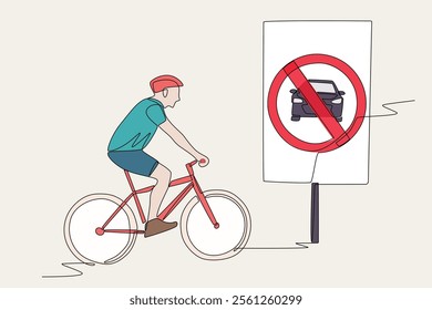 Colored cyclists in the car free zone area. Car free zones concept one-line drawing