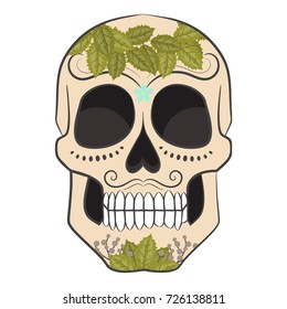 A colored day of a dead skull with an ornament of leaves. Vector illustration.