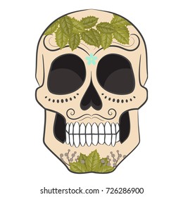 A colored day of a dead skull with an ornament of leaves. Vector illustration.