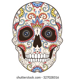 Colored Day of The Dead Sugar Skull with Doodle ornament. Vector illustration. 