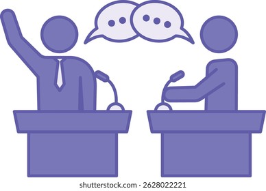 Colored Debate Icon. Vector Illustration. Public Exchange Of Opinions Of Two Sides. People On The Podium With Microphones Argue With Each Other. Speaking Concept