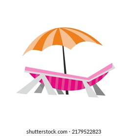 Colored deck chair and umbrella in stylized flat style. Outdoor furniture for the beach. Vector hand drawn illustration.