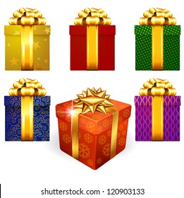 Colored and decorated shining gift boxes with golden ribbon and bow.