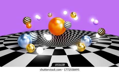 Colored decorative balls. Abstract vector 3d illustration. Abstract art background with balls over checker texture 3d surface. Glossy orange , gold and silver spheres composition. EPS10