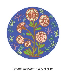 Colored decorative flowers in circle, hand drawn - vector Illustration