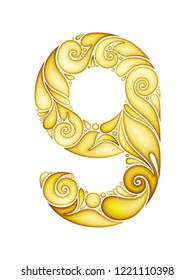 Colored Decorative Number Nine, Doodle Design Element. Indian, Turkish, Paisley Garden Ethnic Style. Template for Banner, Poster, Logo, Emblem, Symbol. Volume Simple Ornament. Vector 3d Illustration