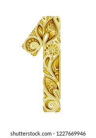 Colored Decorative Number One, Doodle Design Element. Indian, Turkish, Paisley Garden Ethnic Style. Template for Banner, Poster, Logo, Emblem, Symbol. Realistic Floral Ornament. Vector 3d Illustration