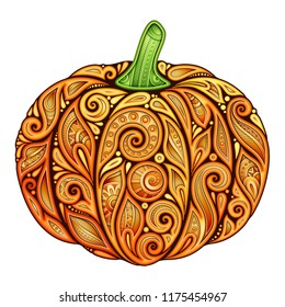 Colored Decorative Pumpkin. Fall Plant with Paisley Floral Ornament. Design Element for Thanksgiving and Halloween Holidays. Greeting Card, Label, Packaging Template. Vector 3d Realistic Illustration