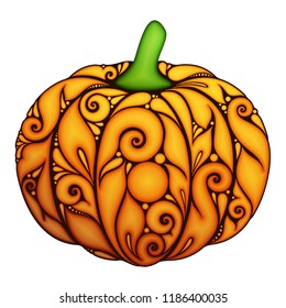 Colored Decorative Pumpkin. Fall Plant with Paisley Floral Ornament. Design Element for Thanksgiving and Halloween Holidays. Greeting Card, Label, Packaging Template. Vector 3d Realistic Illustration