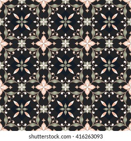 Colored decorative seamless texture on a black background.  Element for design. Ornamental backdrop. Ornate floral decor for wallpaper. Traditional golden decor on a black background.