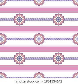 Colored decorative stripes and flowers on a white background. Seamless patterns.
