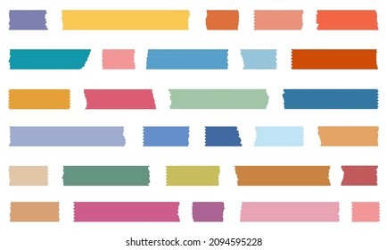 Colored decorative tape mini washi sticker decoration. Adhesive tape, sticky paper stripes. Set of colorful patterned washi tape strips and pieces of duct paper. Vector illustration