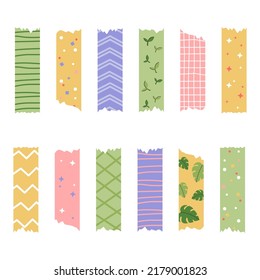 Colored decorative tape mini washi sticker decoration. Set of colorful patterned washi tape strips and pieces of duct paper. Vector illustration