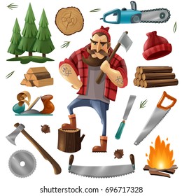 Colored deforestation and lumberjack icon set with tools and equipment for deforestation vector illustration