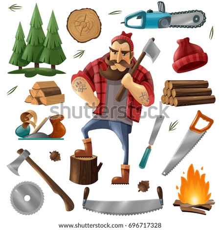 Colored deforestation and lumberjack icon set with tools and equipment for deforestation vector illustration