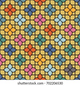 Colored Delicate Seamless Floral Pattern in Oriental style. Stained-glass window in East motif with flowers. Vector background