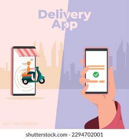 Colored delivery app concept template delivery guy on smartphone Vector