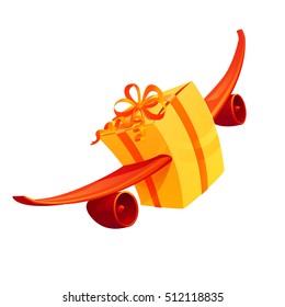 Colored delivery box plane composition with gift box with wings of aircraft on delivery vector illustration