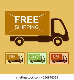 Colored delivery sign or icon with background. Truck with "Free shipping" text.