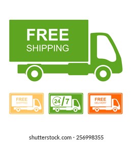 Colored delivery sign or icon. Truck with "Free shipping" text.