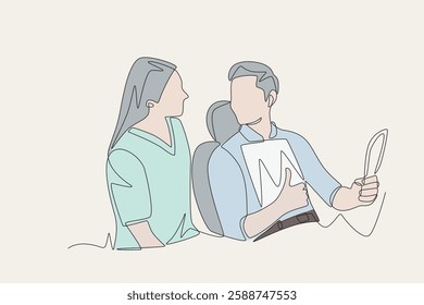 Colored dentist and patient who have finished cleaning their teeth. Visiting dentists concept one-line drawing