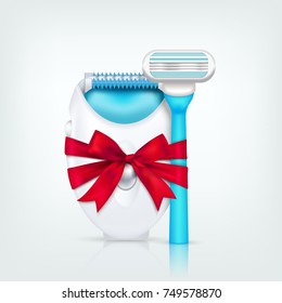Colored depilation realistic composition epilator and shaver with red ribbon as a gift vector illustration