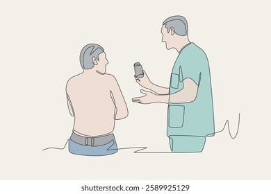 Colored dermatologist recommends skin medication to patient. Visiting dermatologists concept one-line drawing