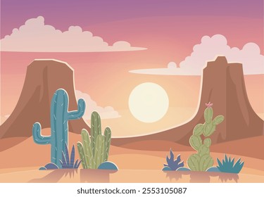 Colored desert with cacti. Cactus in mexico or Arizona. Beautiful natural panorama and landscape. Evening mexican sky. Sunrise or sunset. Flat vector illustration