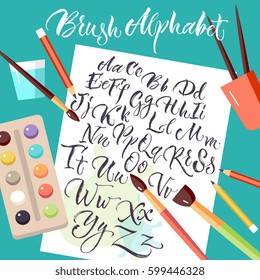 Colored design composition with artistic tools and sheet of paper with hand drawn uppercase and lowercase alphabet letters flat vector illustration 