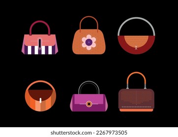 Colored design elements isolated on a black background Handbags and Clutches vector icon set. Collection of fashionable stylish women's handbags.
