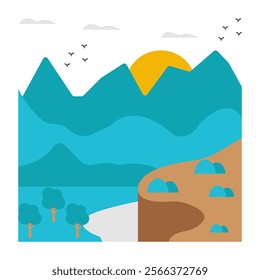 A colored design icon of mountains landscape