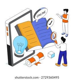 Un icono de diseño coloreado del libro de búsqueda en línea 