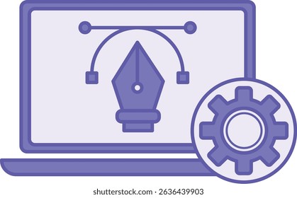Colored Design Icon. Vector Illustration. Pen Drawing Software, Laptop, And Gear. Industrial Design. Concept Engineering