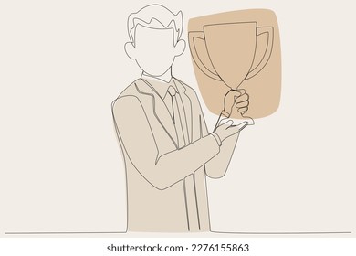 Colored design of a man holding a trophy. Employee appreciation one line drawing