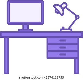 Colored Desk Icon. Vector Icon. Table, Computer, and Lamp. Furniture. Office Concept